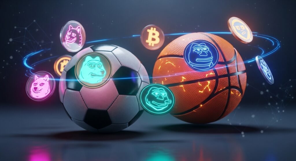 민코인과 스포츠 배팅의 결합을 상징하는 디지털 자산과 스포츠 장비 이미지